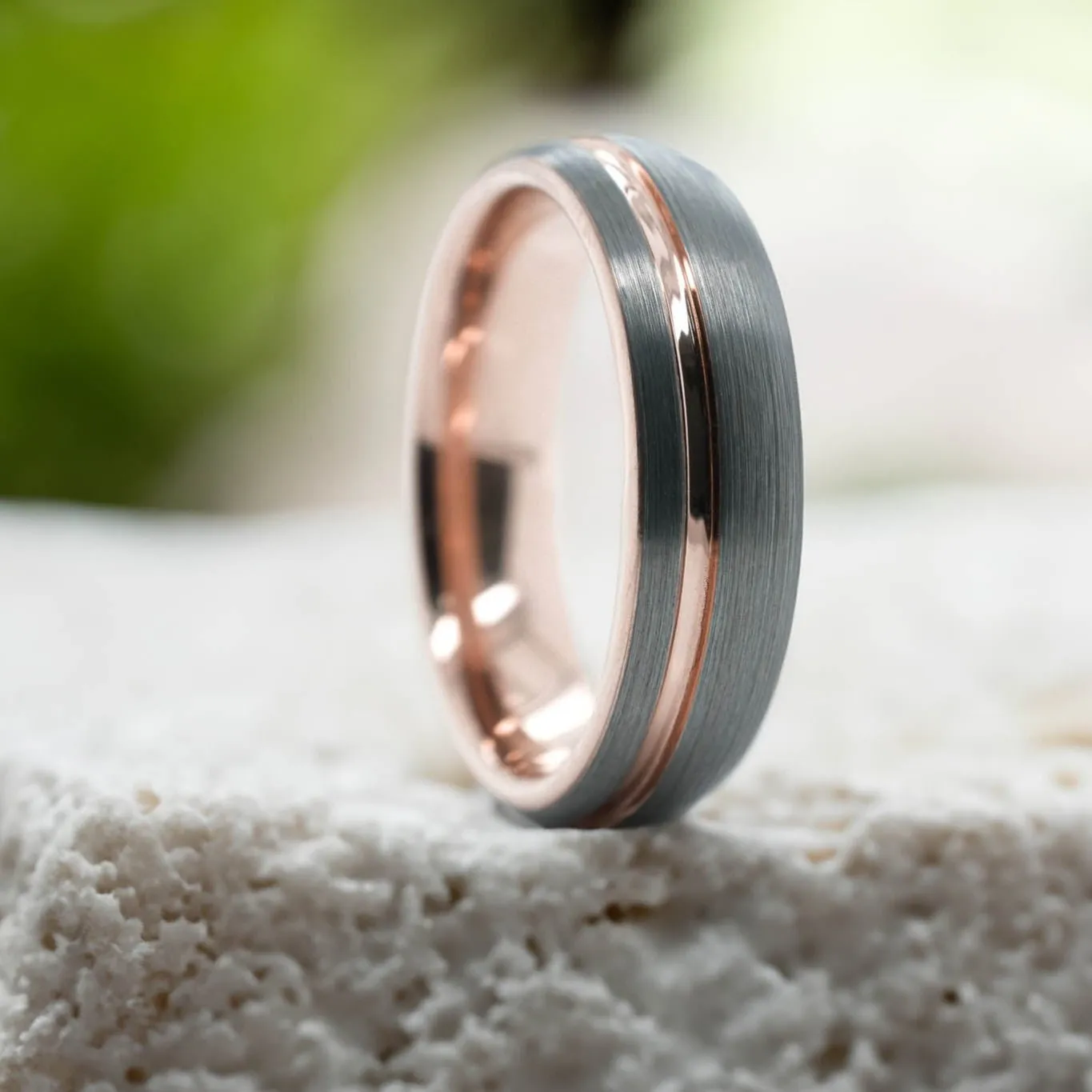 Rounded Silver Brushed Band / Rose Gold Stripe - 6mm