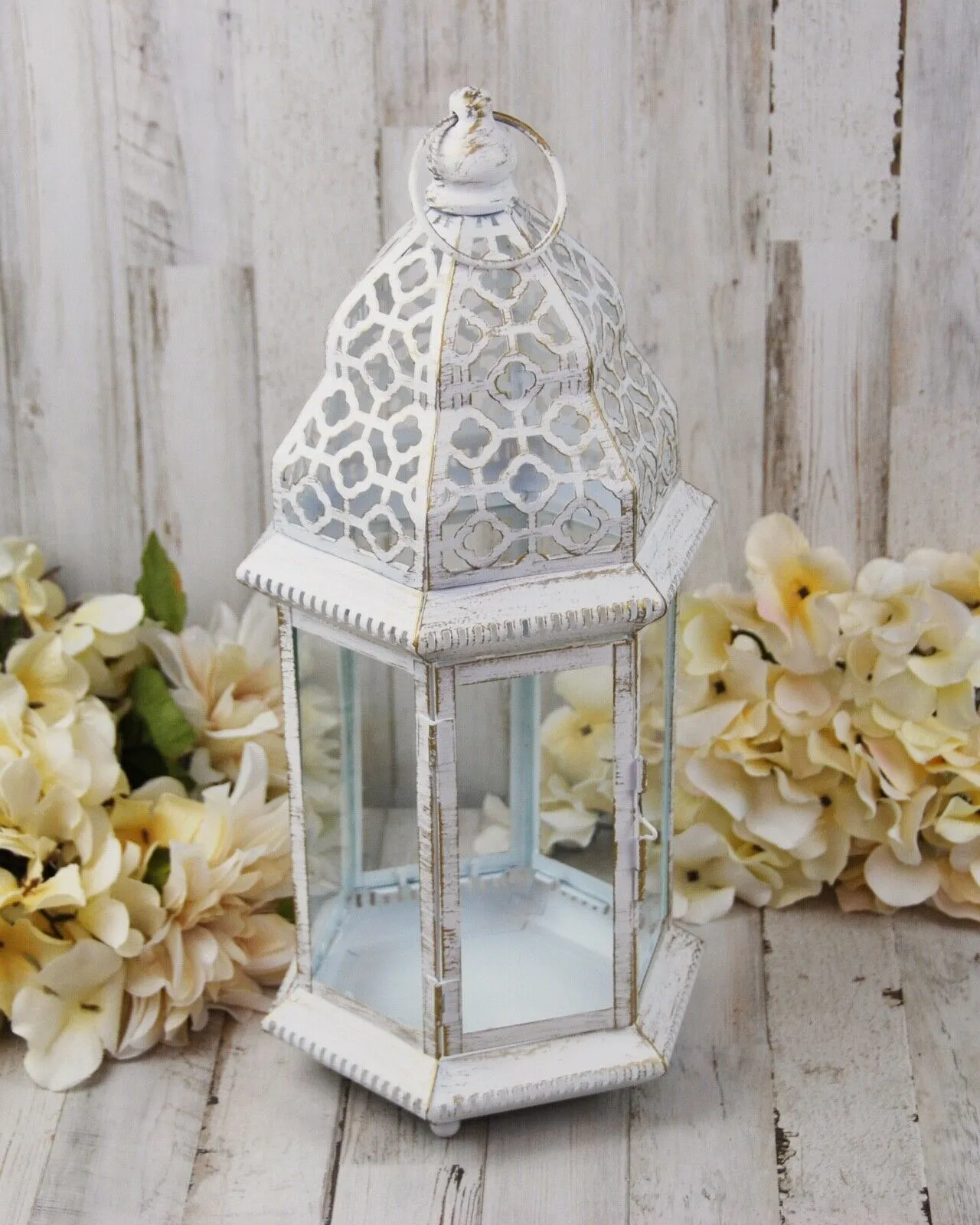Shabby white distressed ornate lantern
