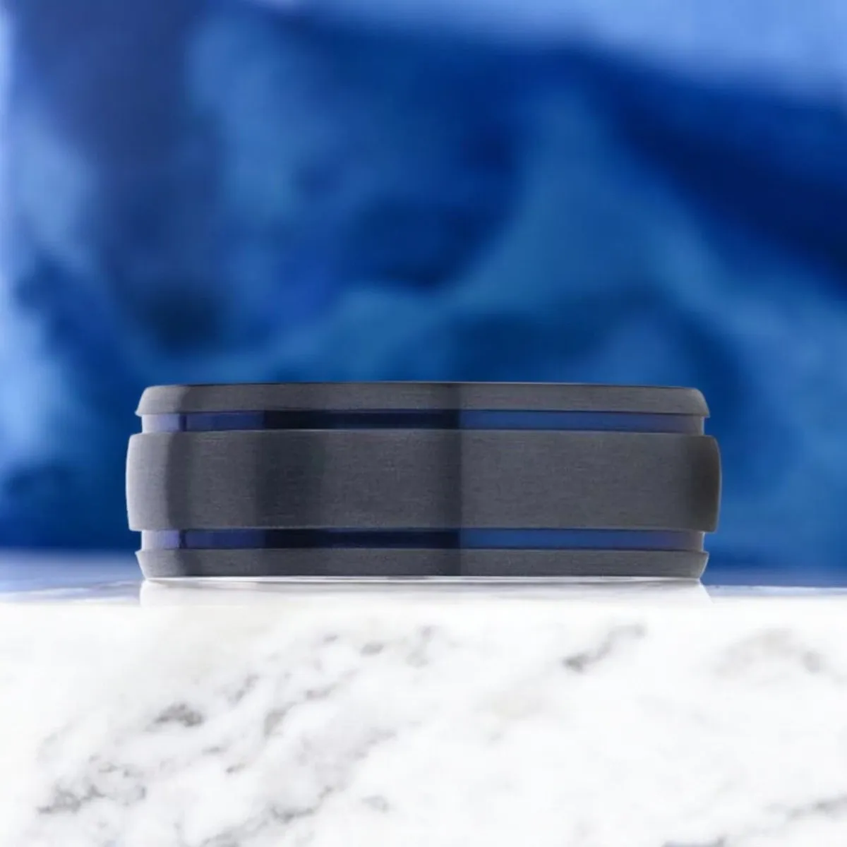 SHERIFF | Black Titanium Ring, Two Blue Grooves, Domed