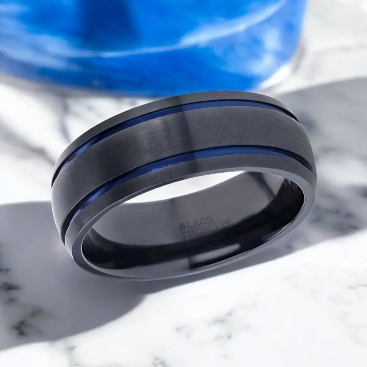 SHERIFF | Black Titanium Ring, Two Blue Grooves, Domed