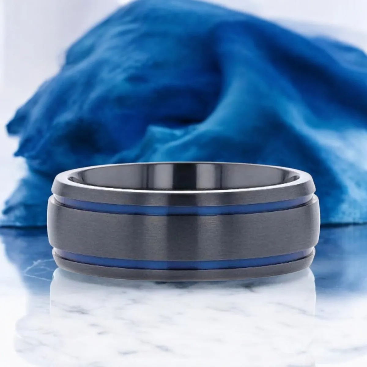 SHERIFF | Black Titanium Ring, Two Blue Grooves, Domed