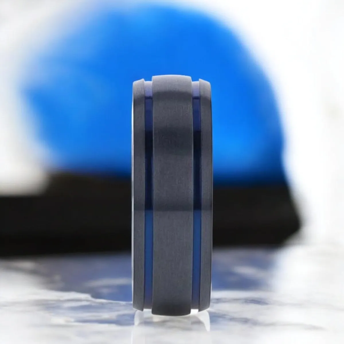 SHERIFF | Black Titanium Ring, Two Blue Grooves, Domed