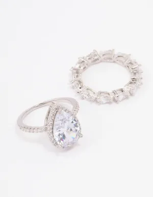 Silver Cubic Zirconia Pear Double Stack Ring