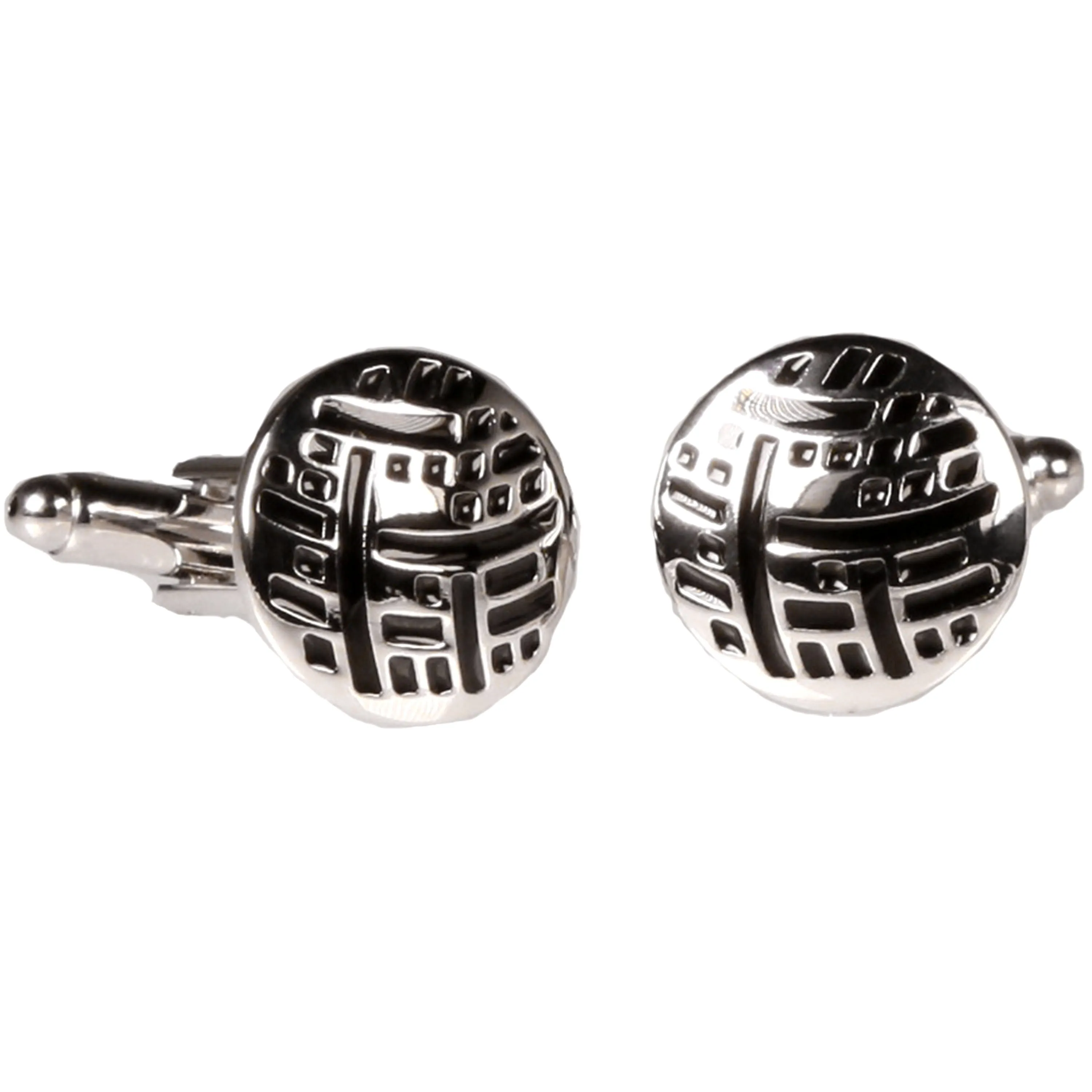 Silvertone Circle Black Geometric Cufflinks with Jewelry Box