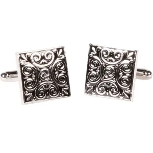 Silvertone Square Black Geometric Cufflinks with Jewelry Box