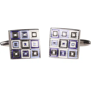 Silvertone Square Geometric Pattern Cufflinks with Jewelry Box