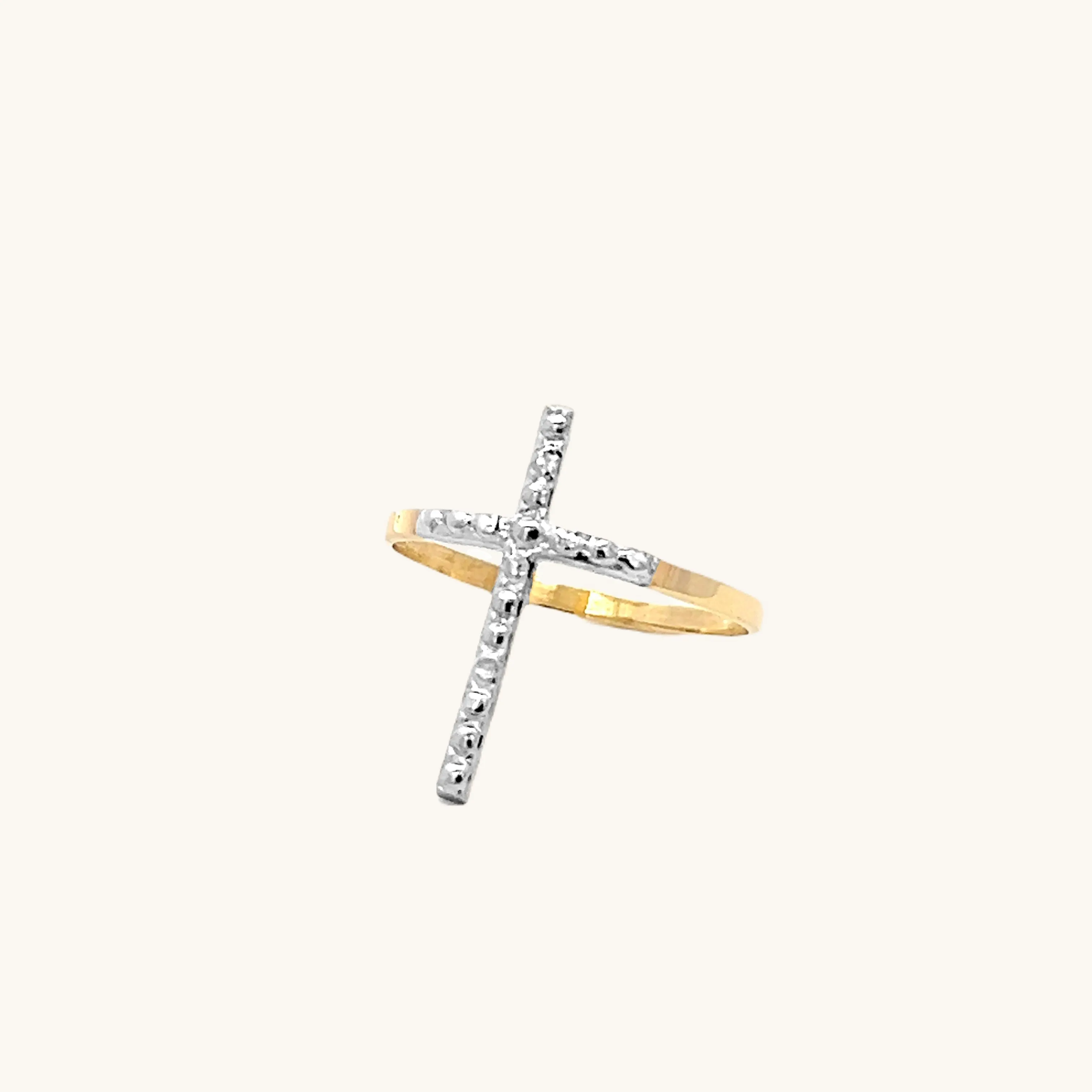 SOLID 14K YELLOW GOLD DIAMOND ACCENT CROSS RING