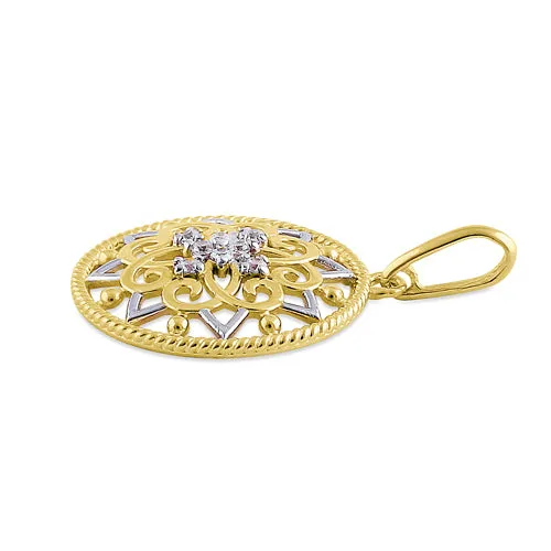 Solid 14K Yellow Gold Ornate Flower Shield CZ Pendant