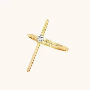 SOLID 14K YELLOW GOLD THIN DIAMOND CROSS RING