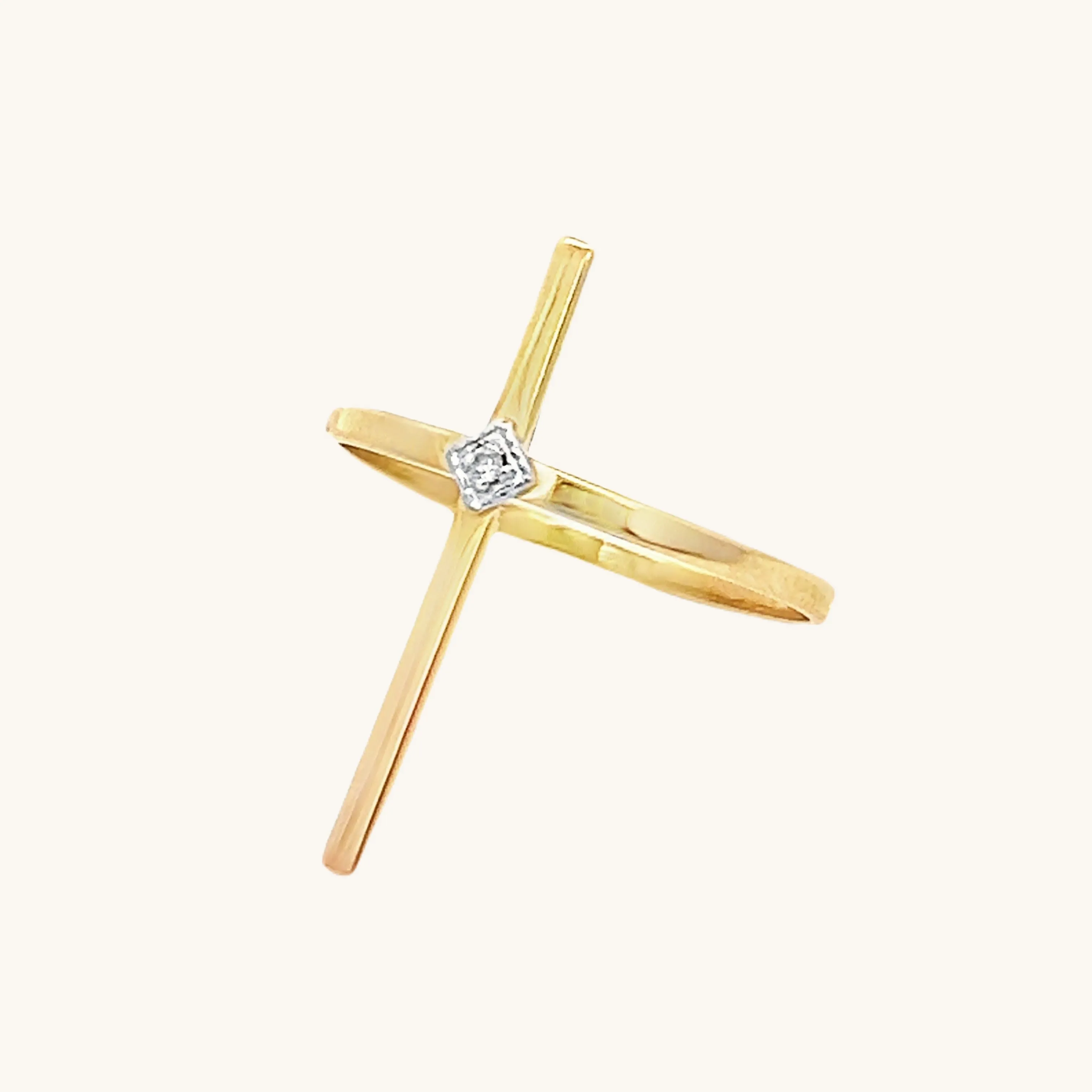 SOLID 14K YELLOW GOLD THIN DIAMOND CROSS RING