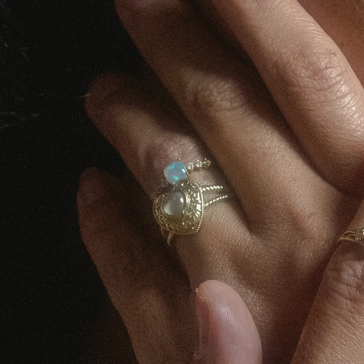 Solid Gold Rainbow Moonstone Heart Locket Ring