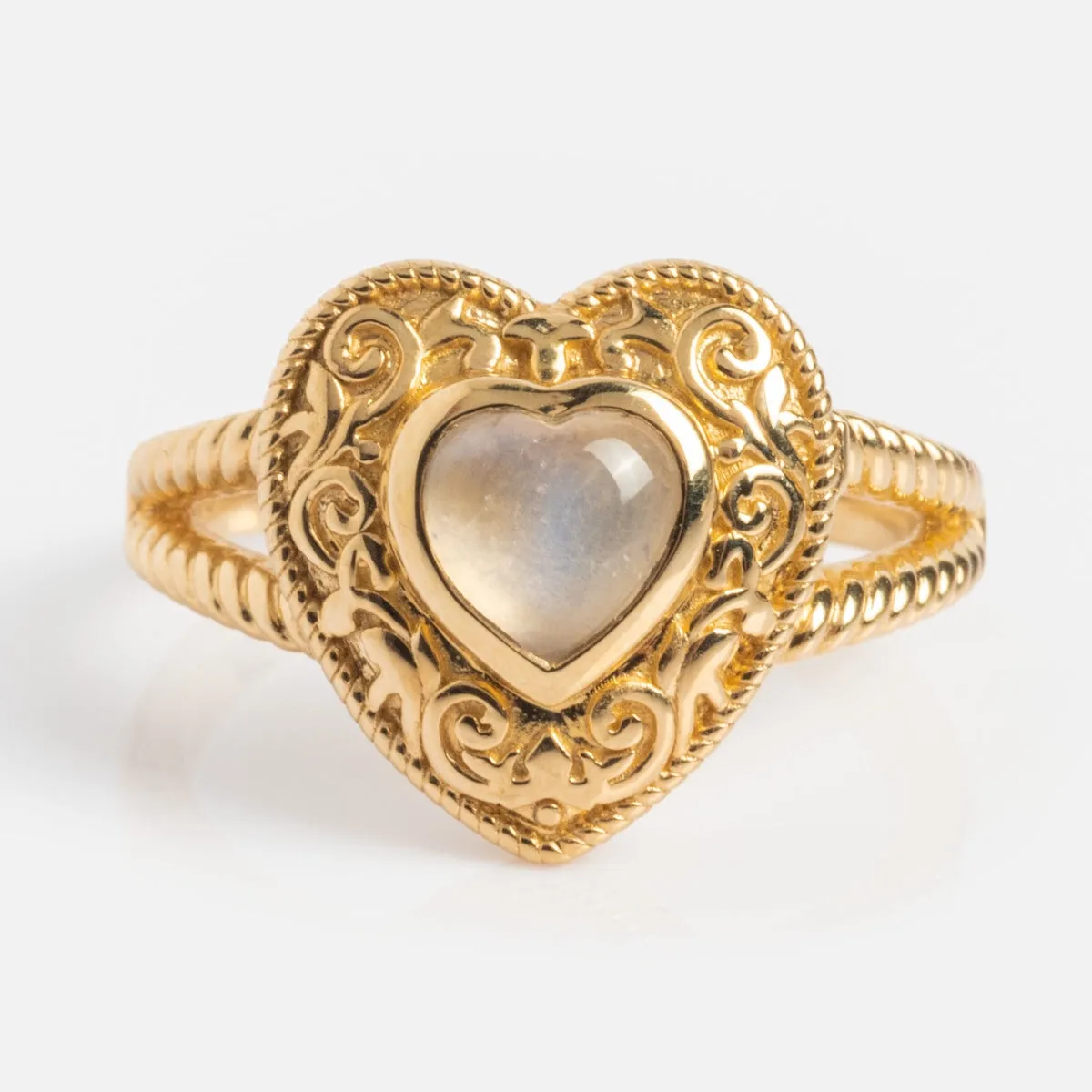 Solid Gold Rainbow Moonstone Heart Locket Ring