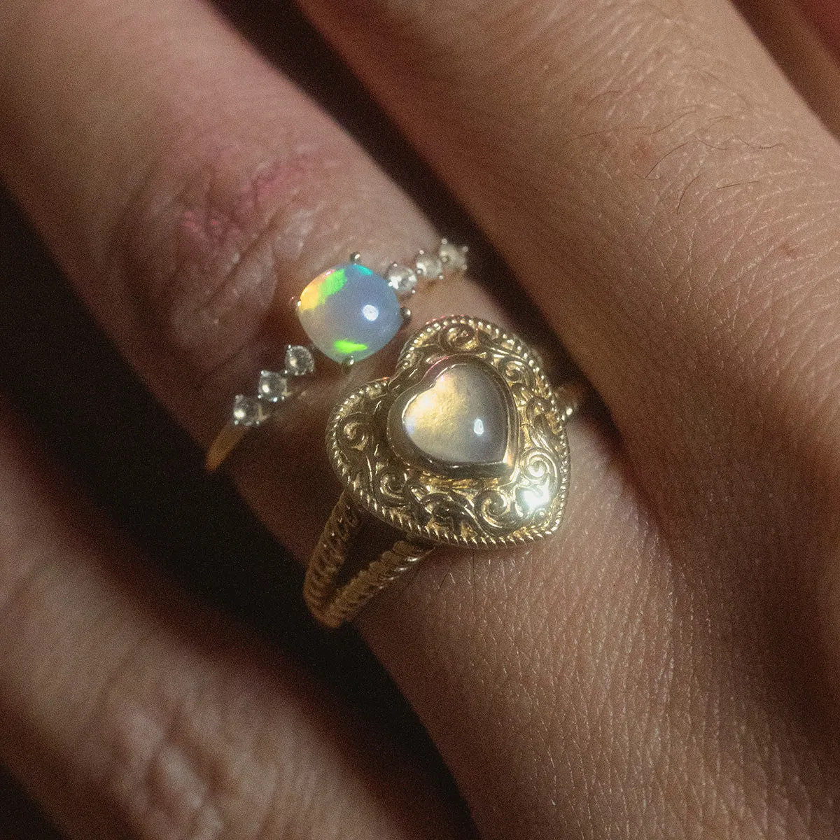 Solid Gold Rainbow Moonstone Heart Locket Ring