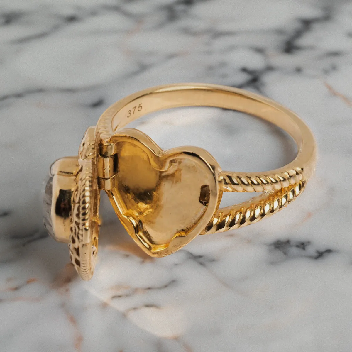 Solid Gold Rainbow Moonstone Heart Locket Ring