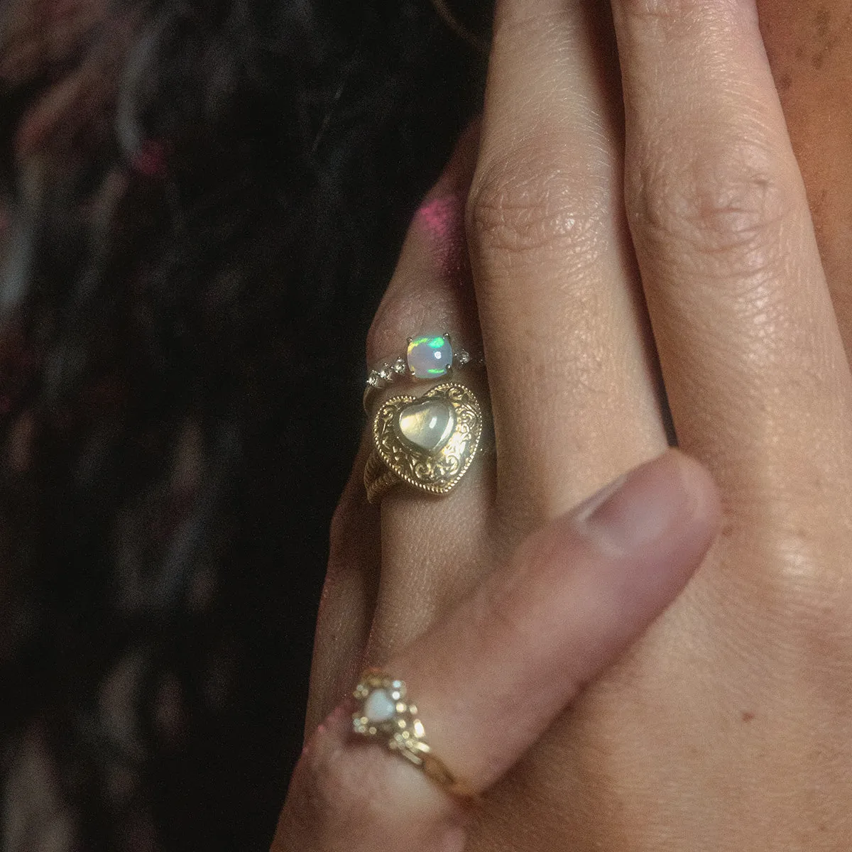 Solid Gold Rainbow Moonstone Heart Locket Ring