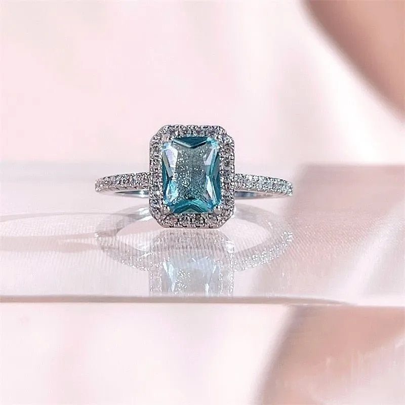 Square Blue Topaz Ring Aquamarine Engagement Jewelry