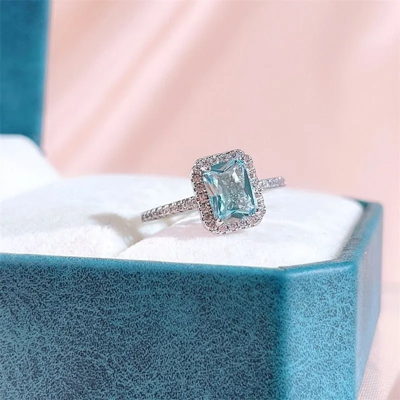Square Blue Topaz Ring Aquamarine Engagement Jewelry