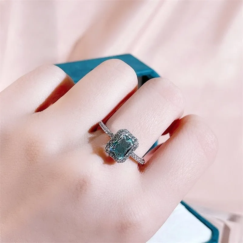 Square Blue Topaz Ring Aquamarine Engagement Jewelry