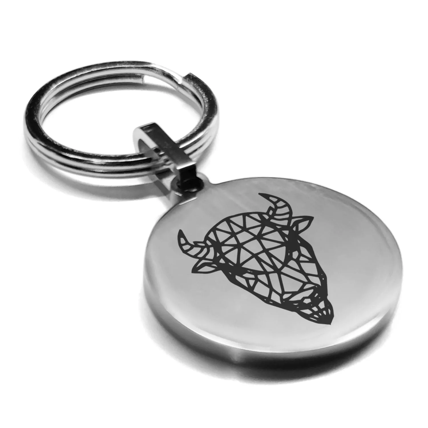 Stainless Steel Geometric Polygon Bison Round Medallion Keychain