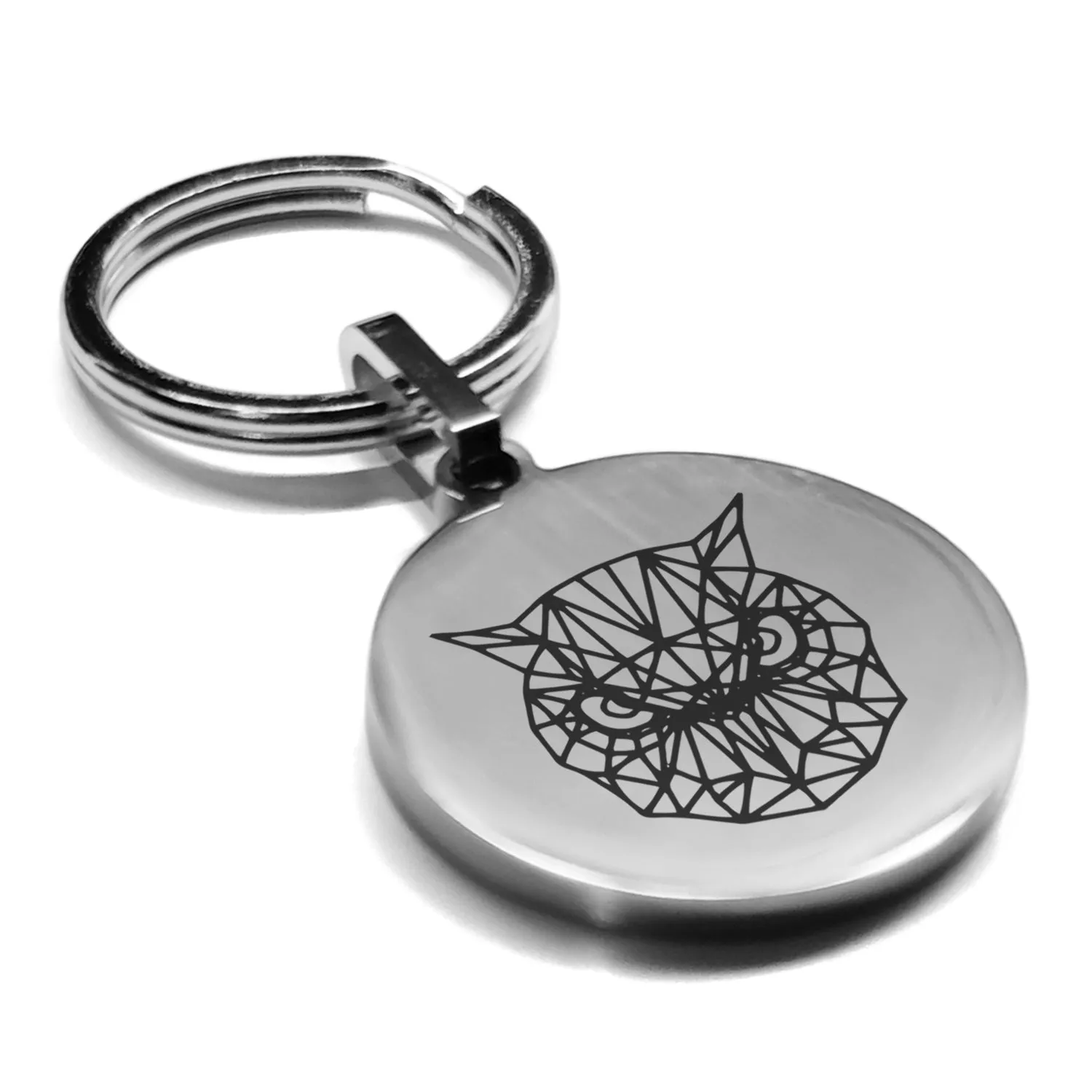 Stainless Steel Geometric Polygon Owl Round Medallion Keychain