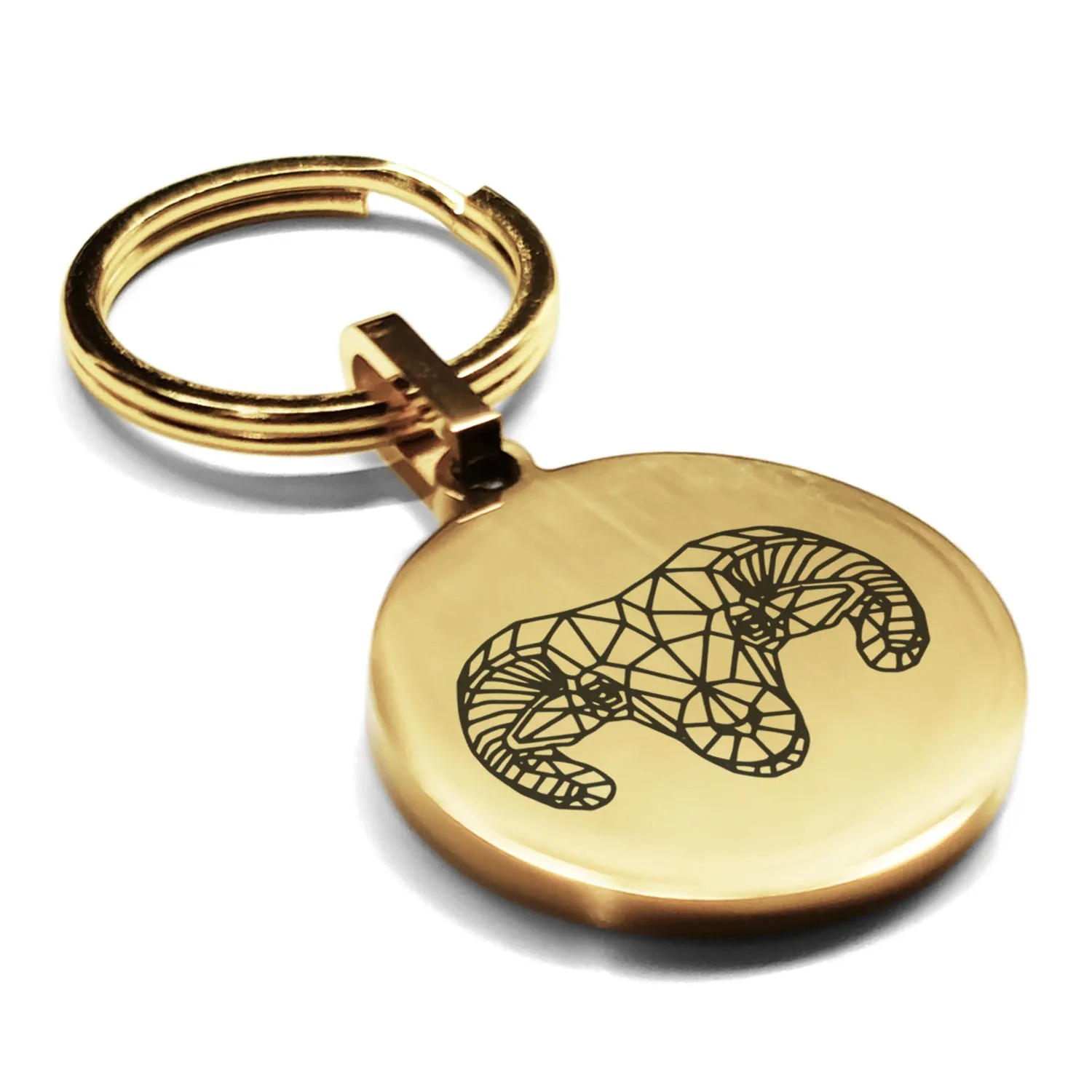 Stainless Steel Geometric Polygon Ram Round Medallion Keychain