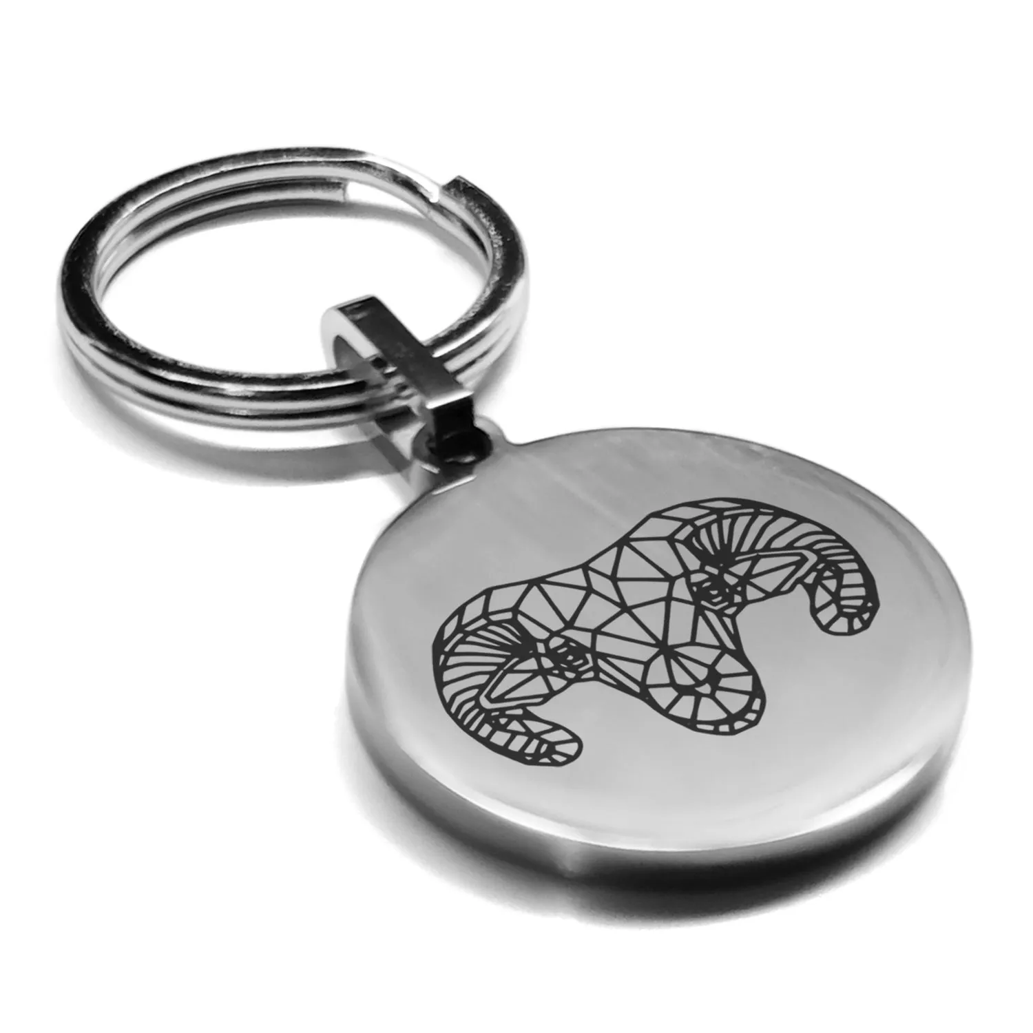 Stainless Steel Geometric Polygon Ram Round Medallion Keychain