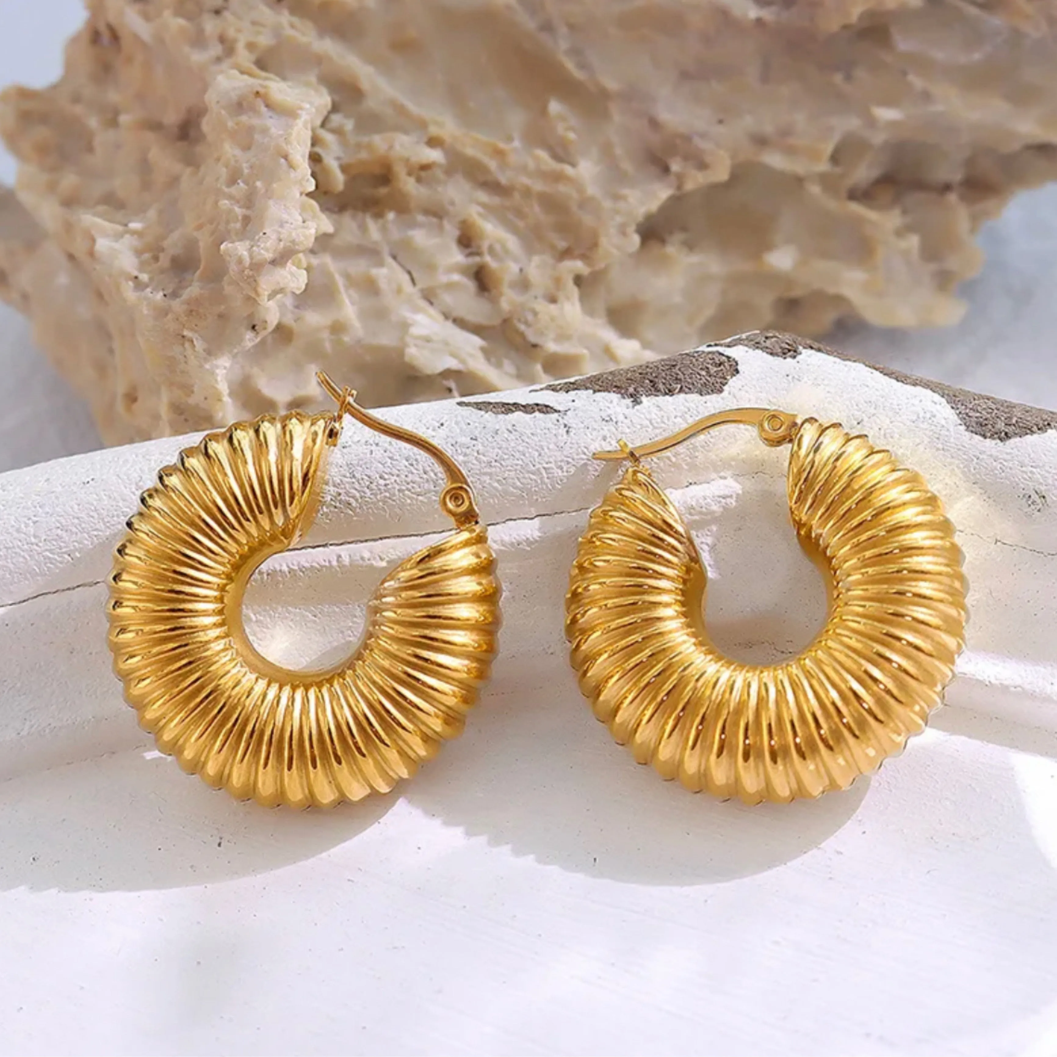 Stainless Steel Geometric Thread Circle Hoop Earrings - 18K Gold Plated