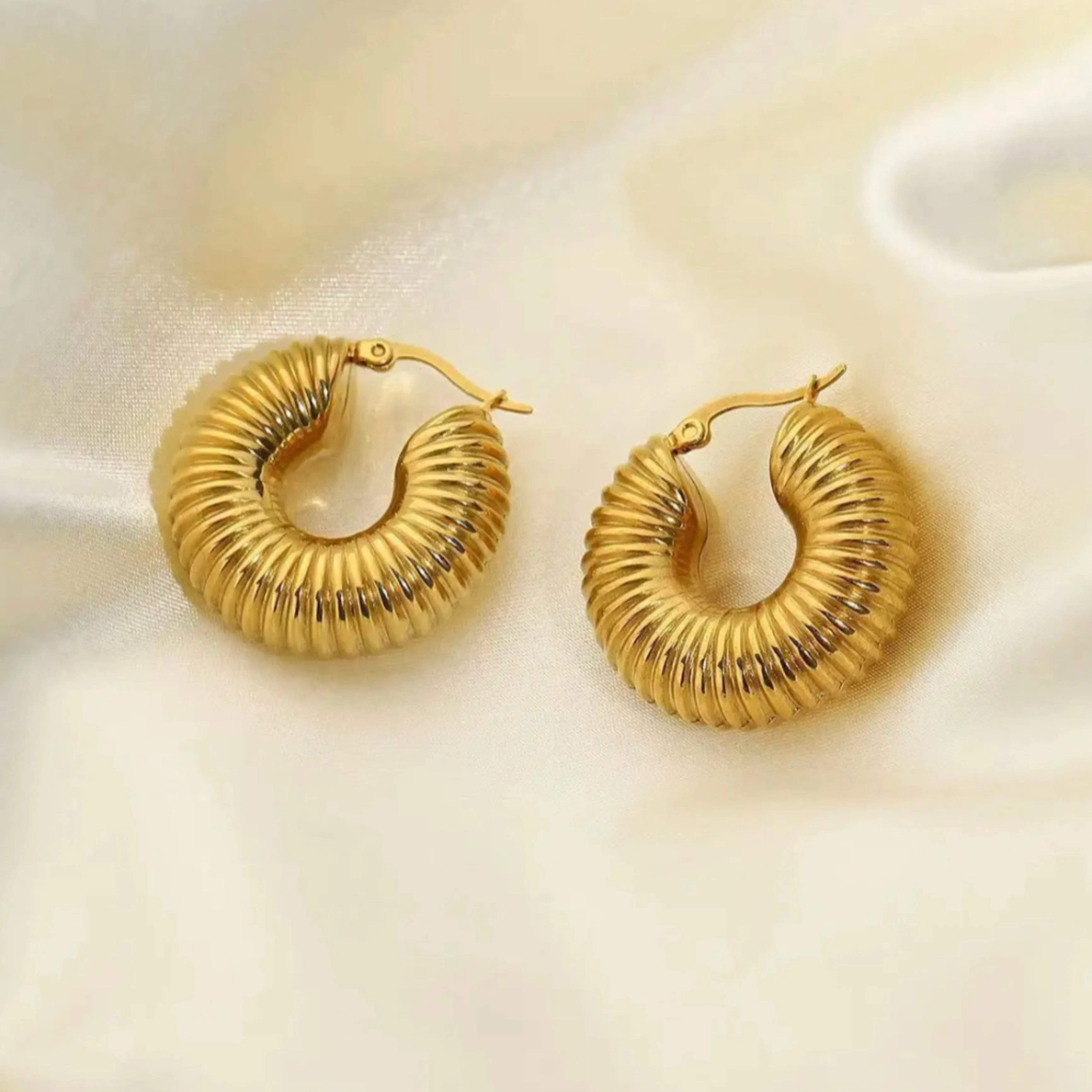 Stainless Steel Geometric Thread Circle Hoop Earrings - 18K Gold Plated