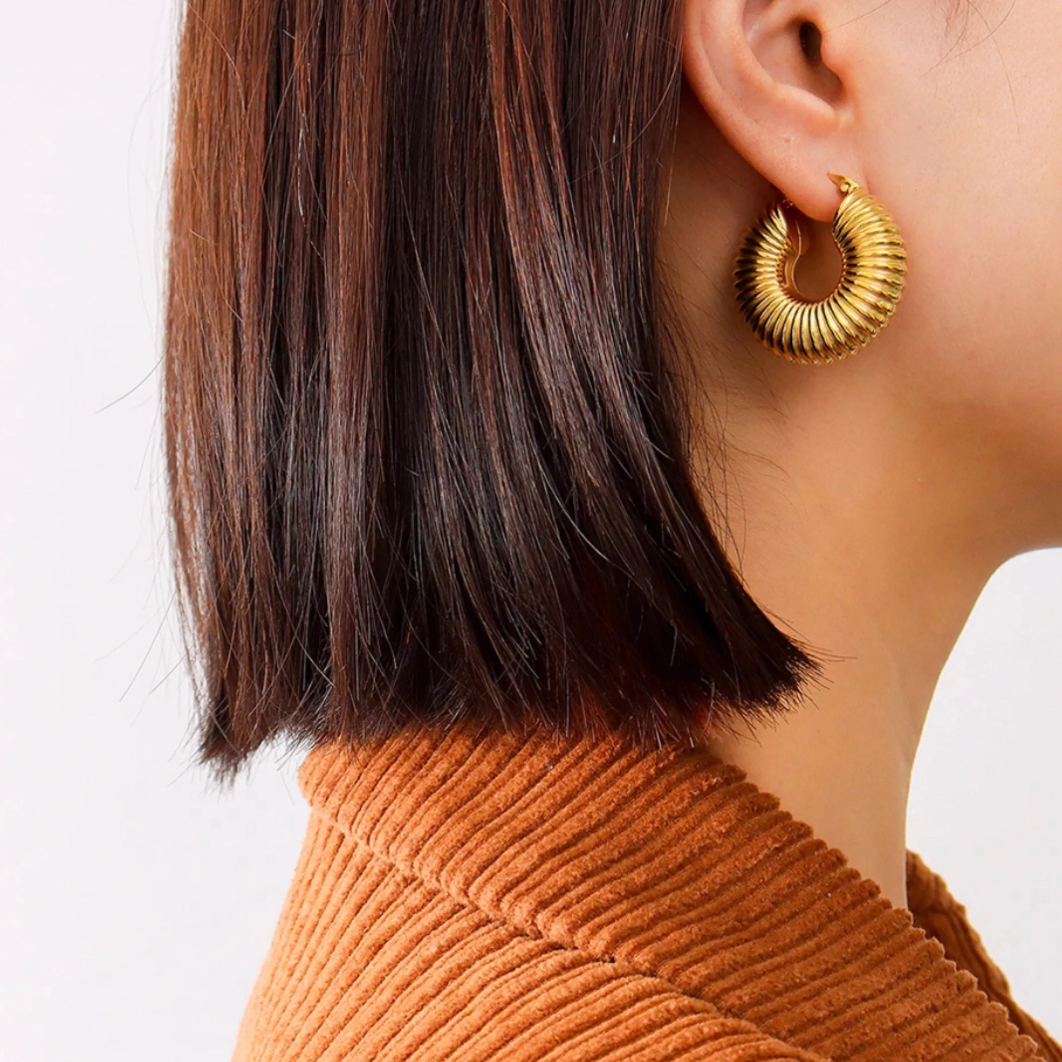Stainless Steel Geometric Thread Circle Hoop Earrings - 18K Gold Plated