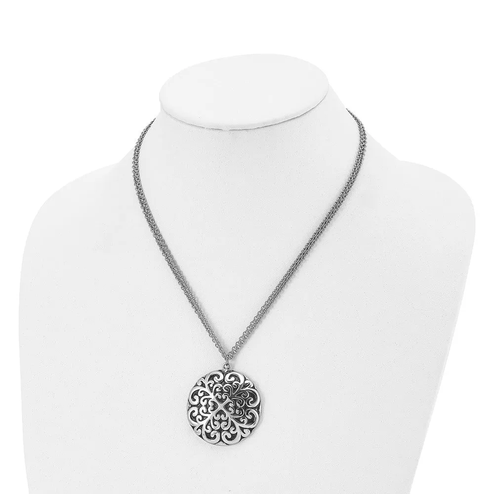 Stainless Steel Polished and Antiqued Circle 18in Necklace