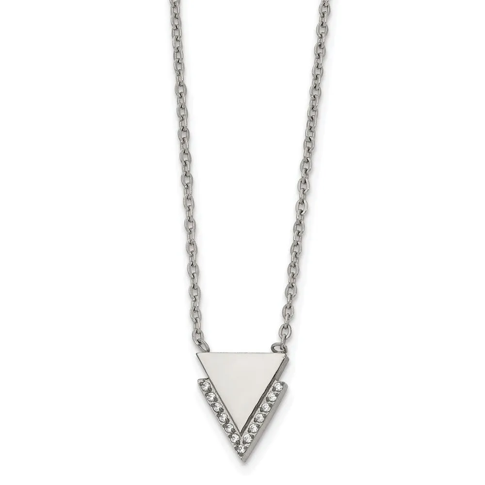 Stainless Steel Polished w/CZ Double Triangles 16.5in Necklace