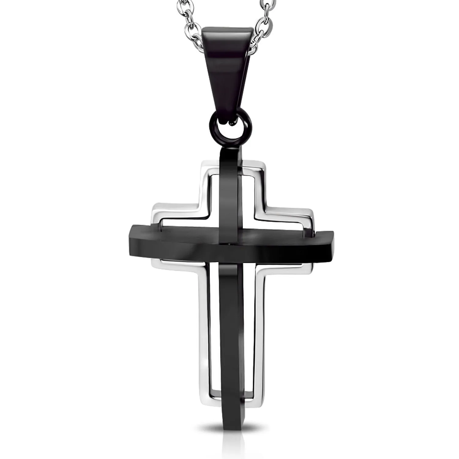 Stainless Steel Two-Tone Open Floating Geometric Double Cross Pendant Necklace