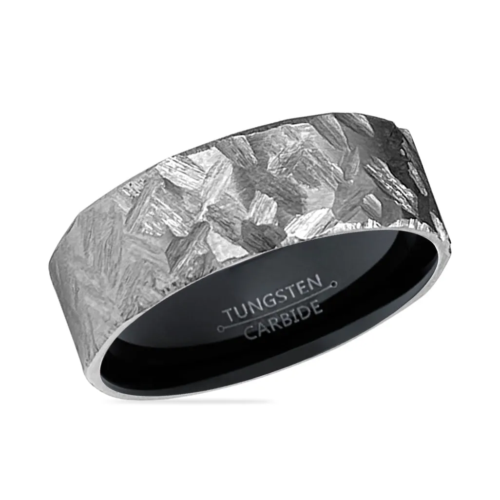STALLION | Black Ring, Silver Titanium Ring, Hammered, Flat