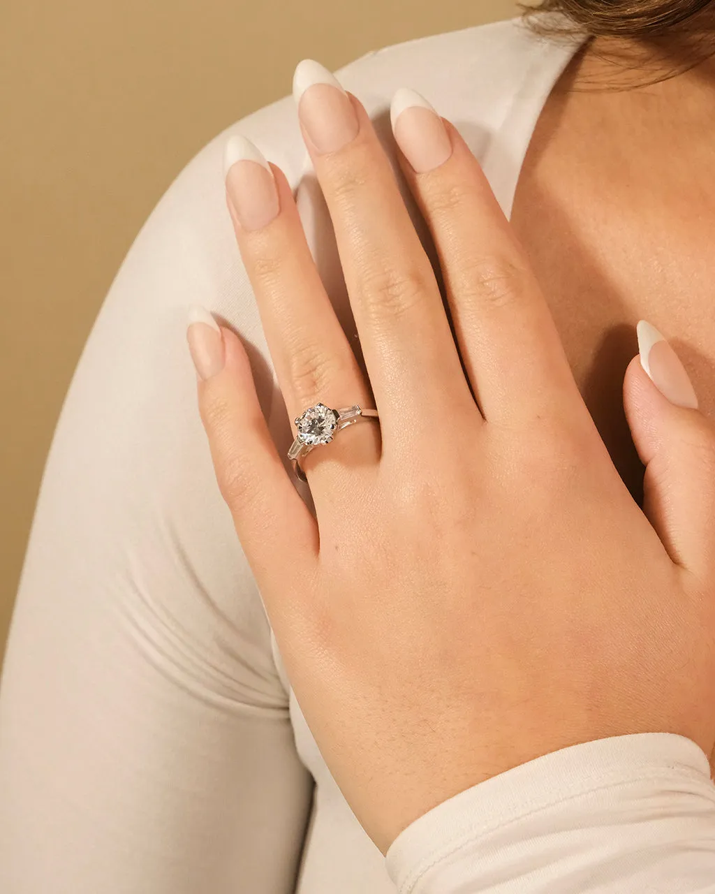 Sterling Silver 4-Prong Brilliant Cut & Baguette Accent Engagement Ring