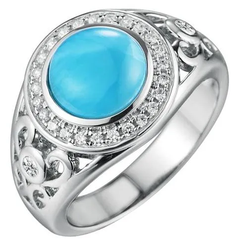 Sterling Silver Alamea Round Larimar CZ Halo Filigree Ring