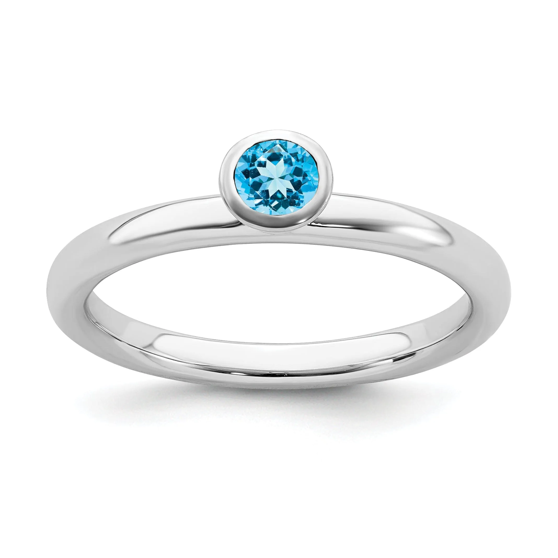 Sterling Silver High 4MM Round Blue Topaz Ring