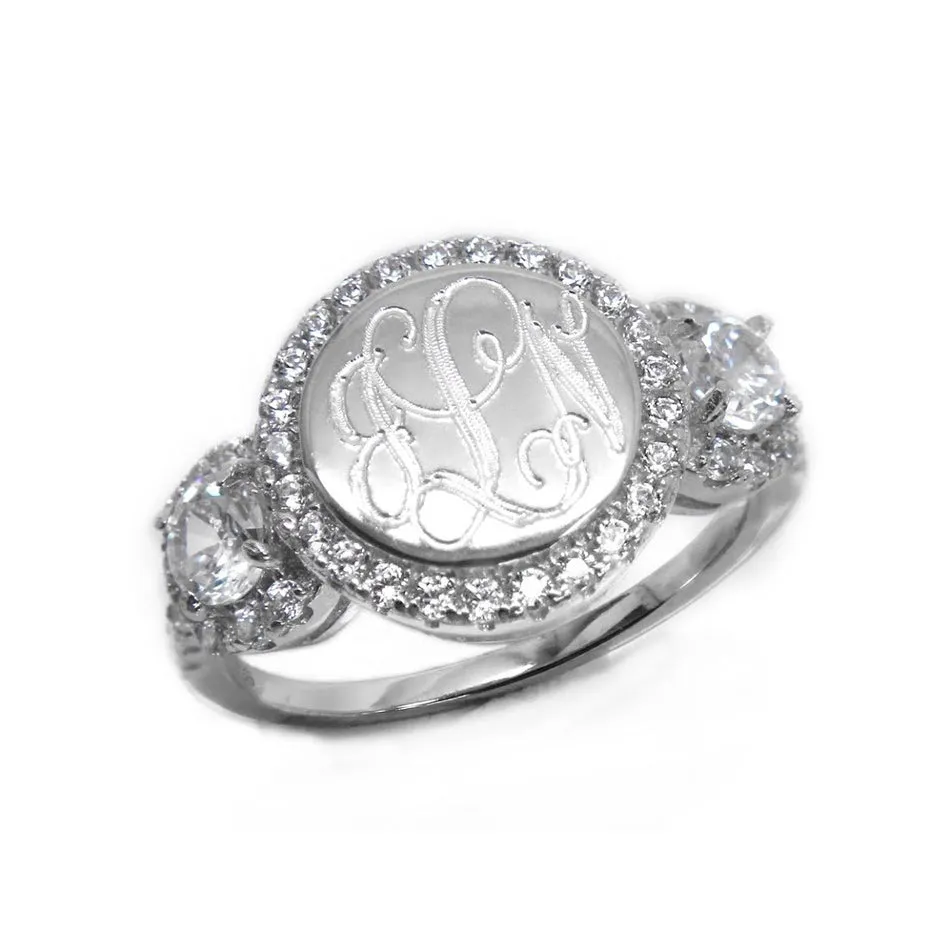 Sterling Silver Round CZ Rimmed Monogram Ring with Ornate Band