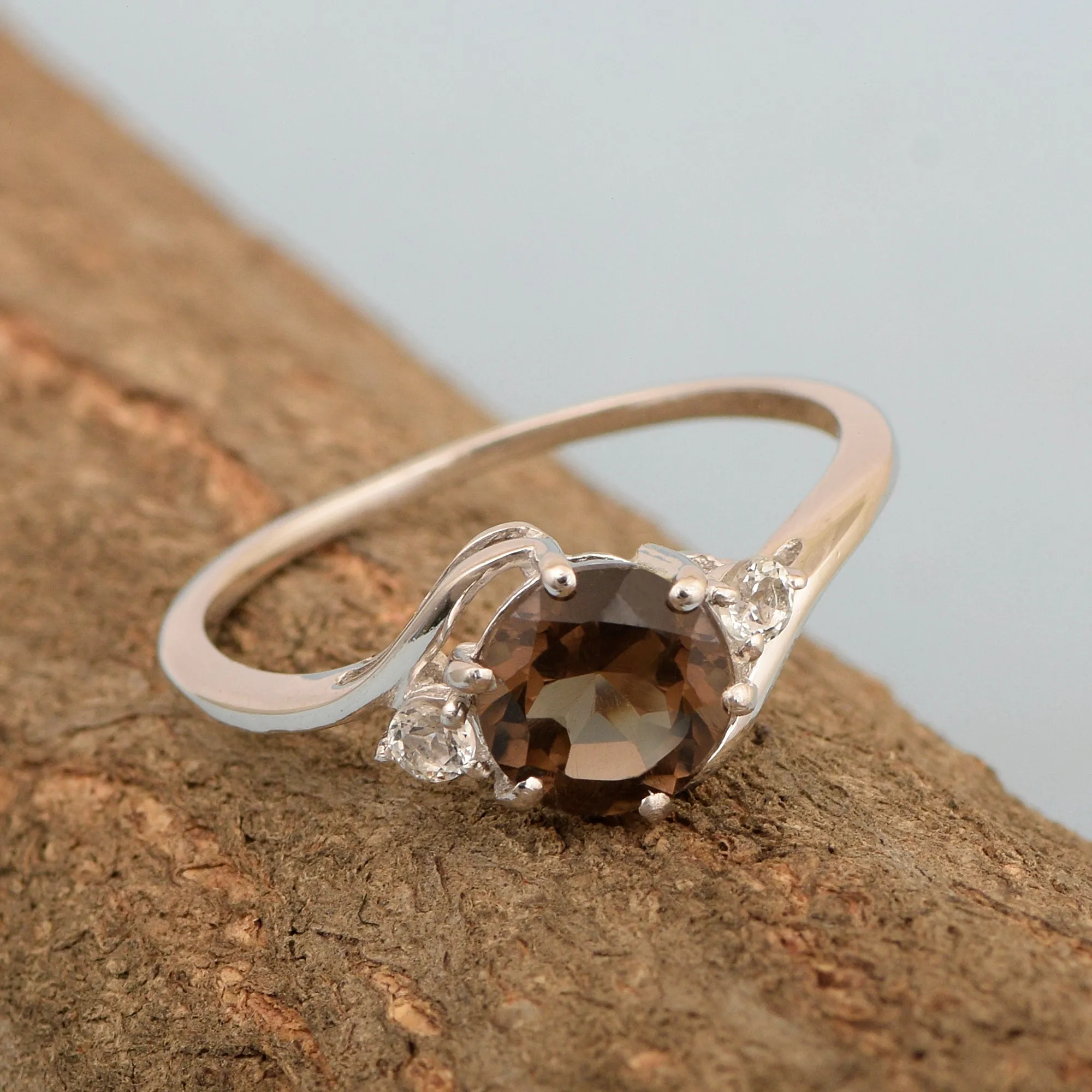Sterling Silver Timeless Smoky Quartz Round 7 MM Women Engagement Ring