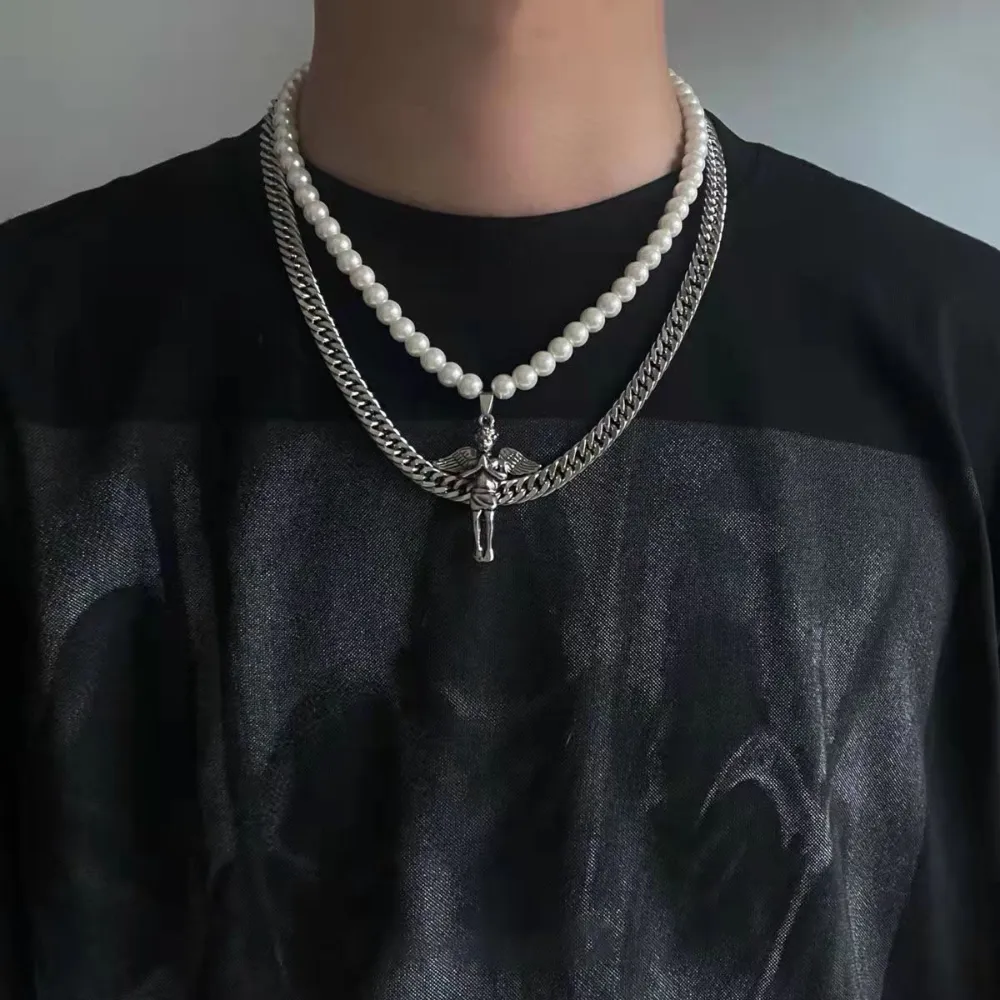 Street Double Angel Pearl Necklace