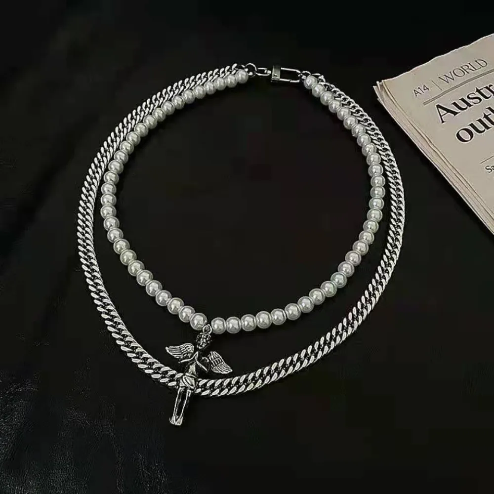 Street Double Angel Pearl Necklace