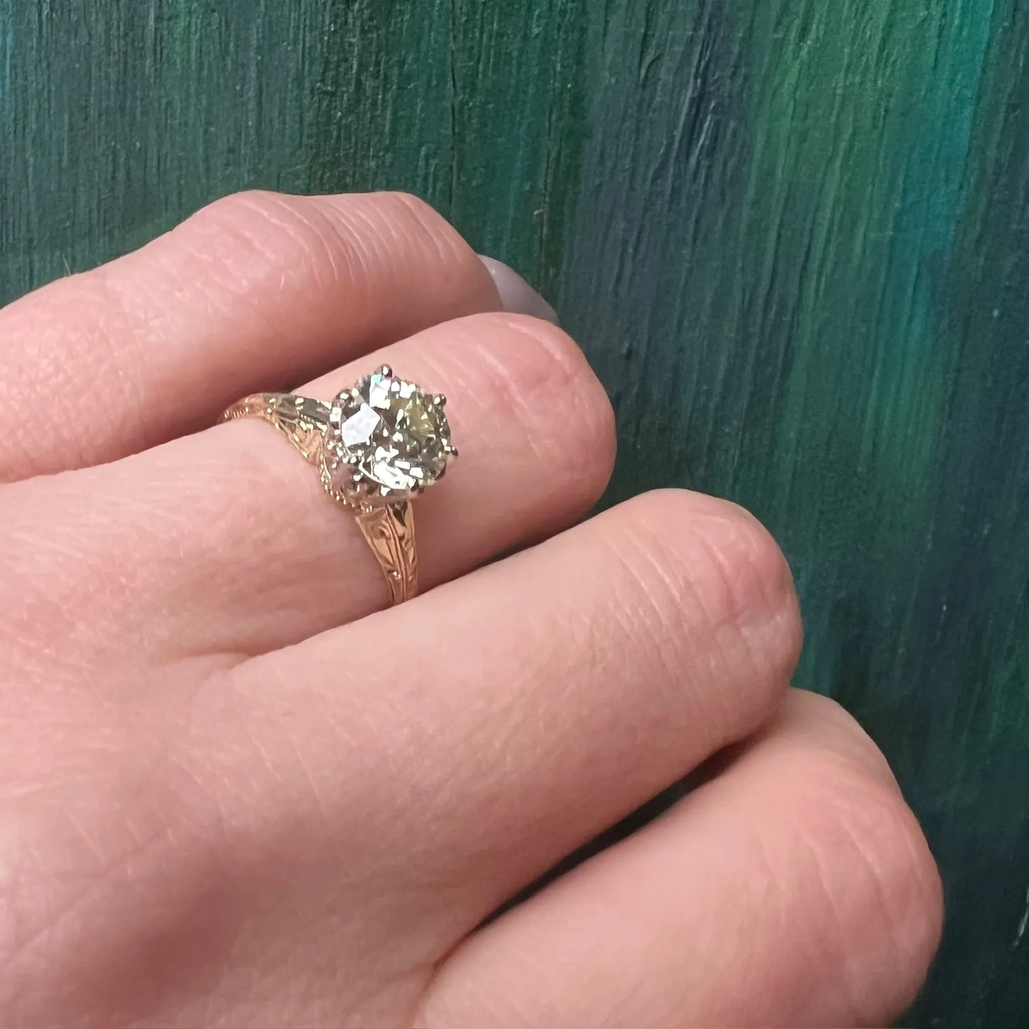 Stunning 1.50 Carat Old Euro Diamond in Engraved Solitaire Ring