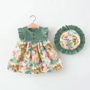 Summer Baby Girl Floral Dress Girl with Sun Hat