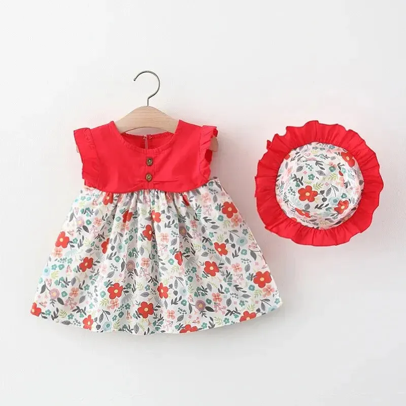 Summer Baby Girl Floral Dress Girl with Sun Hat