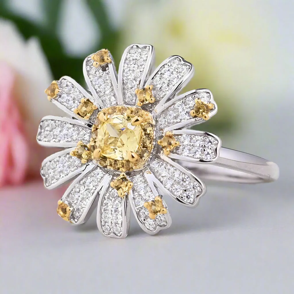 Sunflower Design Cushion Cut Promise Ring