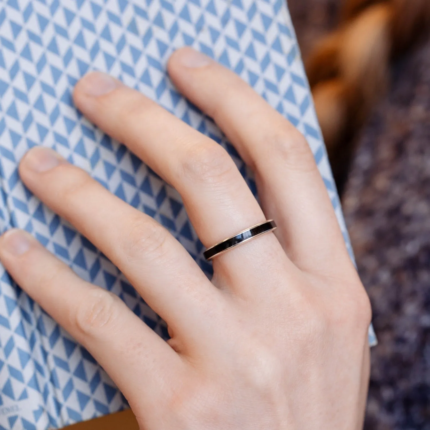The Helen | Women's Silver Ring with Whiskey Barrel Wood Inlay