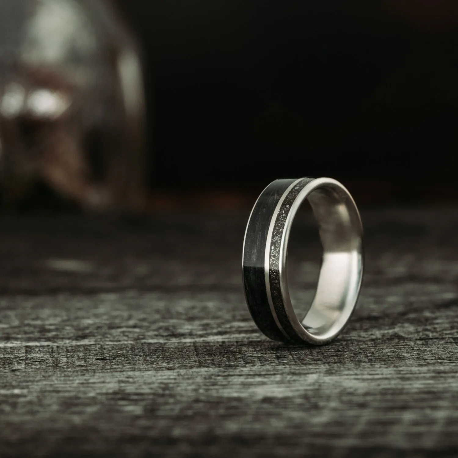 The Midnight Barrel | Men's Whiskey Barrel, Meteorite Dust, & Titanium Wedding Band