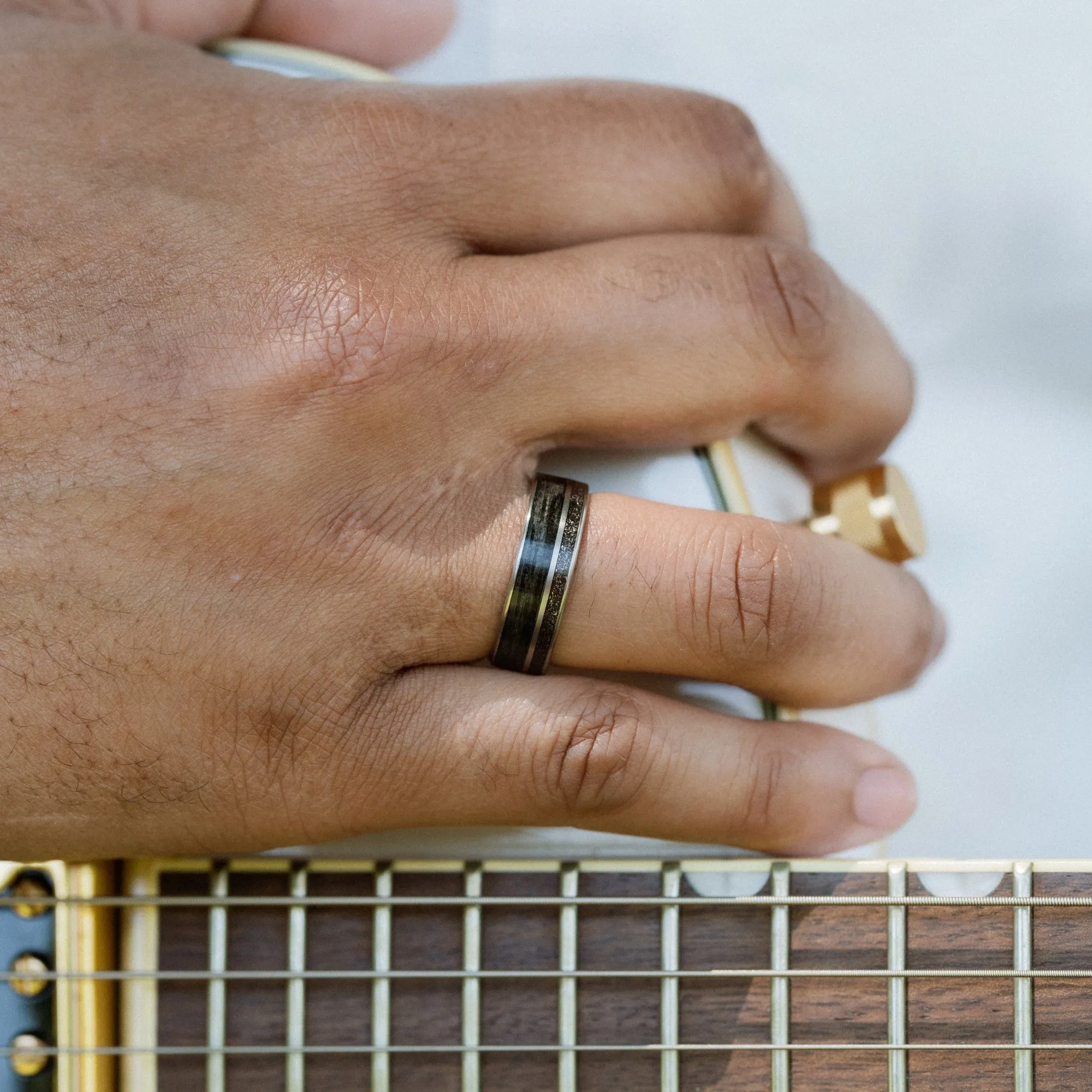 The Midnight Barrel | Men's Whiskey Barrel, Meteorite Dust, & Titanium Wedding Band