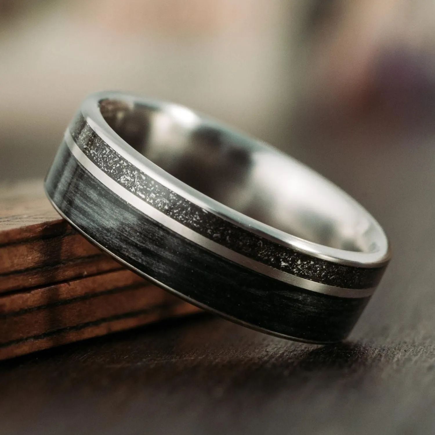 The Midnight Barrel | Men's Whiskey Barrel, Meteorite Dust, & Titanium Wedding Band