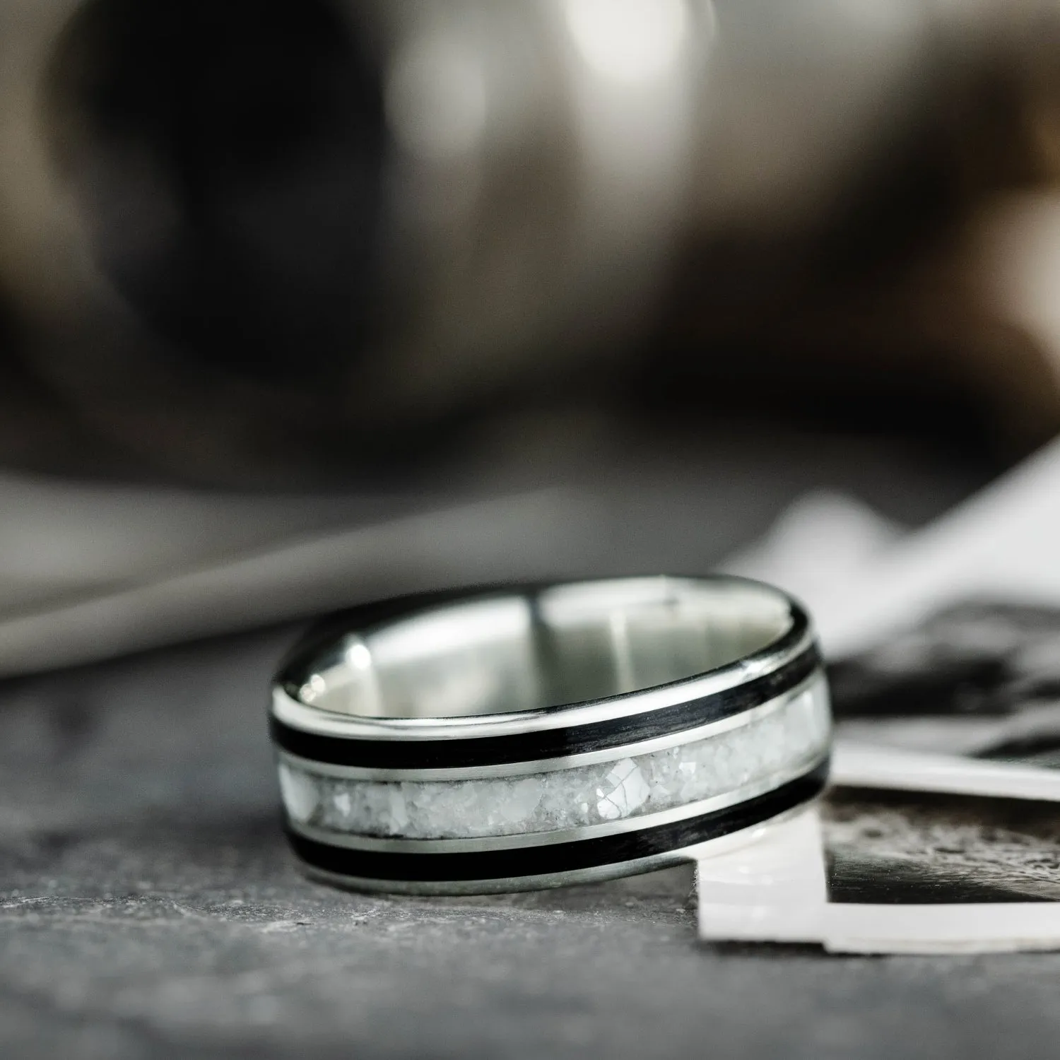 The Pearl | Silver Wedding Band with Whiskey Barrel Wood and Pearl Inlays