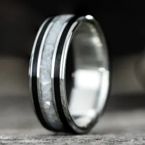 The Pearl | Silver Wedding Band with Whiskey Barrel Wood and Pearl Inlays